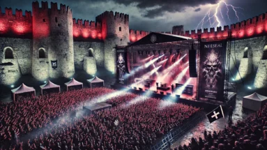 Metal festival in stone fortress, red and purple lights, band performing, and fans under a lightning-filled sky.