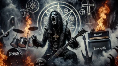 Dark figure with face paint screaming into microphone amidst flames and gothic symbols, embodying Behemoth's intense, rebellious energy.