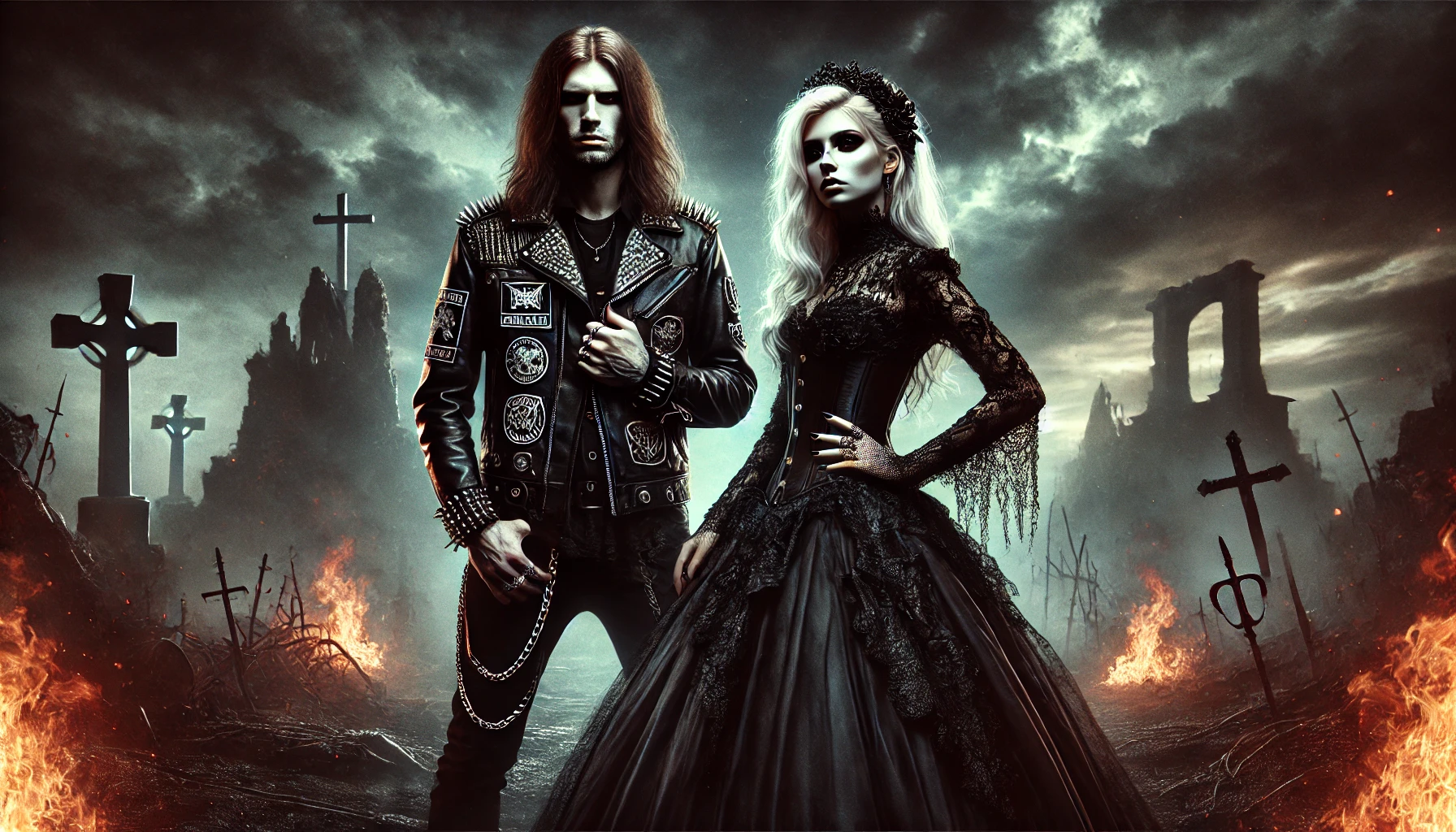 A metalhead man in a studded leather jacket stands next to a gothic woman with pale skin and white hair, dressed in an elegant black lace gown, amidst a graveyard with fire and a stormy sky.