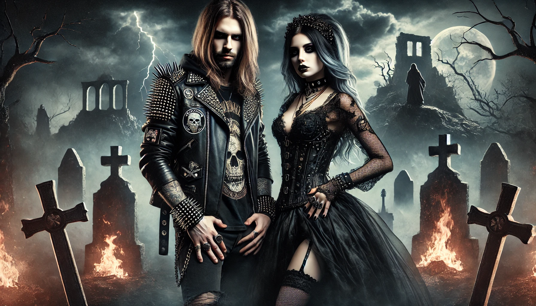 A metalhead man with long flowing hair and a spiked jacket stands beside a gothic woman in a black corset and lace skirt, surrounded by fiery graves and a moonlit stormy background.