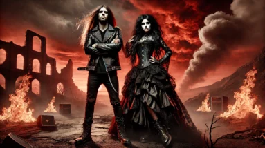 A metalhead man with long hair and a spiked leather jacket stands beside a gothic woman in a black lace gown, set against a fiery, apocalyptic background with ruins and a blood-red sky.