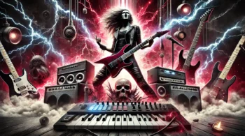 Dynamic metal music-themed image with electric guitars, synthesizers, lightning bolts, and a gothic aesthetic.
