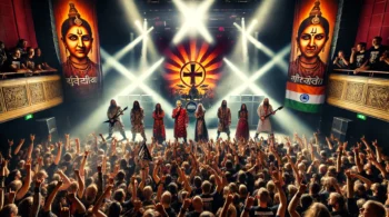 Inspired by Bloodywood performing live at Amager Bio in Copenhagen with vibrant LED backdrops, traditional Indian attire, and an electrified crowd of metal fans raising their hands and headbanging.