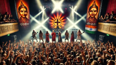 Inspired by Bloodywood performing live at Amager Bio in Copenhagen with vibrant LED backdrops, traditional Indian attire, and an electrified crowd of metal fans raising their hands and headbanging.