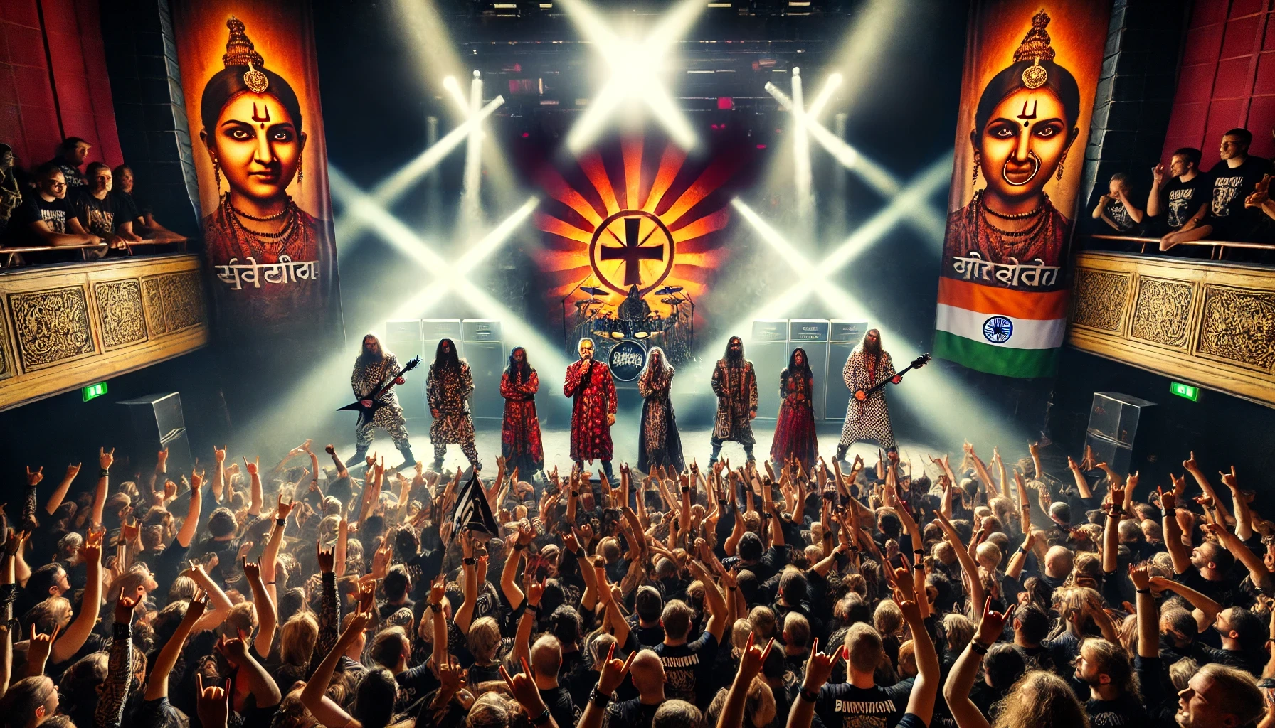 Inspired by Bloodywood performing live at Amager Bio in Copenhagen with vibrant LED backdrops, traditional Indian attire, and an electrified crowd of metal fans raising their hands and headbanging.