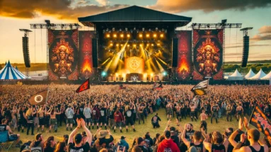 Inspired by Download Festival 2025 in Donington Park, with a massive open-air stage.