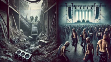 Contrasting image of a crumbling underground metal venue overshadowed by a vibrant, corporate music festival, symbolizing the erosion of raw, authentic metal culture.