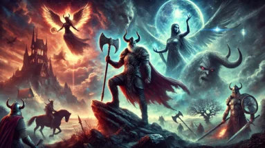 Epic Viking warrior with glowing axe on rocky cliff under stormy sky, surrounded by Yggdrasil, Valkyrie, and fiery Norse mythology scenes.