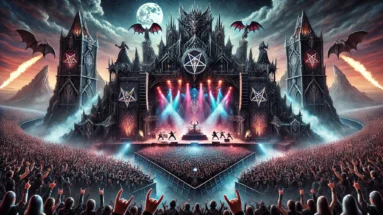 Night scene of a metal music festival with a massive illuminated stage, gothic aesthetics, dramatic lighting, pyrotechnics, and a lively crowd of fans dressed in black, raising horns and headbanging under a dark sky with a full moon.