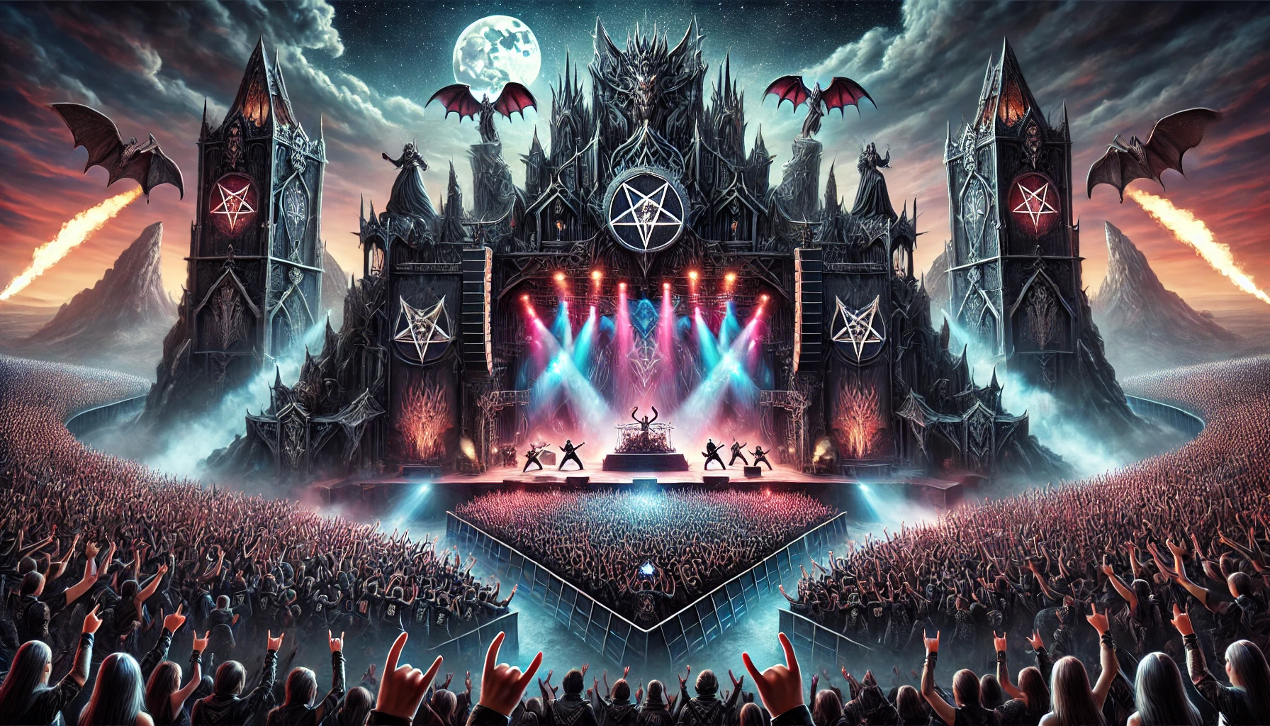 Night scene of a metal music festival with a massive illuminated stage, gothic aesthetics, dramatic lighting, pyrotechnics, and a lively crowd of fans dressed in black, raising horns and headbanging under a dark sky with a full moon.
