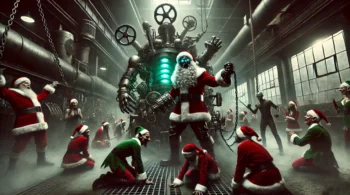 Dystopian Christmas scene with tyrannical Santa in a war-torn factory, enslaved elves, and gothic industrial vibes.