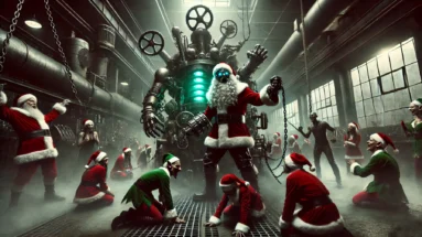 Dystopian Christmas scene with tyrannical Santa in a war-torn factory, enslaved elves, and gothic industrial vibes.