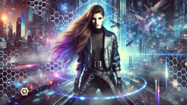 Futuristic artwork of a female metal vocalist in a cyberpunk setting with glowing neon lights, holographic effects, and a dark sci-fi cityscape background.