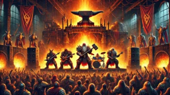 Dwarves playing power metal on a fiery stage, clad in armor with hammers and axes, in a glowing forge-like cavern setting.