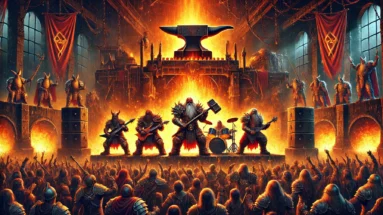Dwarves playing power metal on a fiery stage, clad in armor with hammers and axes, in a glowing forge-like cavern setting.