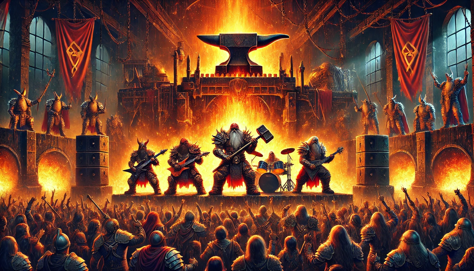 Dwarves playing power metal on a fiery stage, clad in armor with hammers and axes, in a glowing forge-like cavern setting.