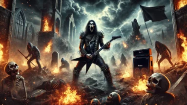 Thrash metal-inspired scene with a spiked figure, guitar, flames, skulls, and a dystopian battlefield under stormy skies.