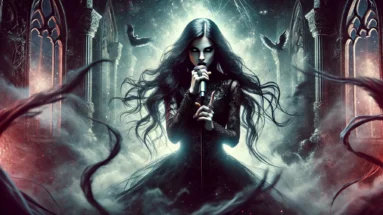 Gothic female metal vocalist on stage with mist, crimson light, and a haunting backdrop of gothic arches.