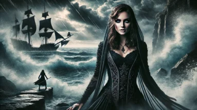 Epic portrayal of a female symphonic metal vocalist inspired by Visions of Atlantis, standing on a stormy coastline with crashing waves.