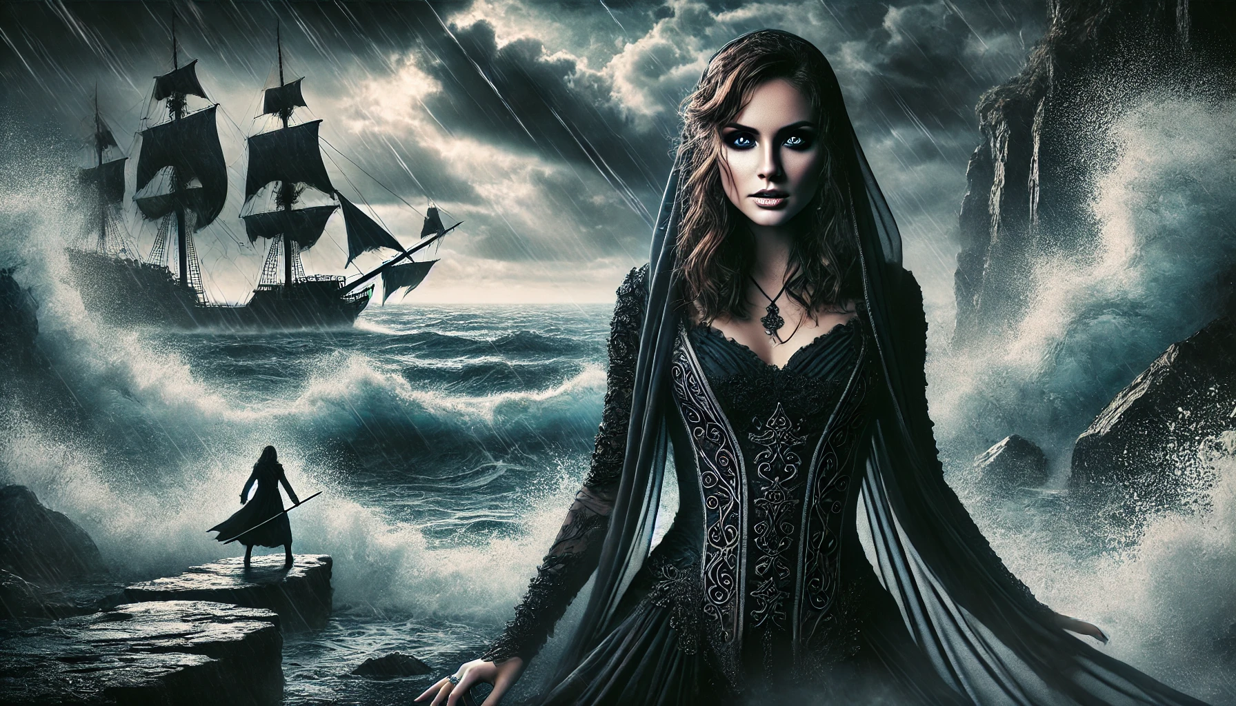 Epic portrayal of a female symphonic metal vocalist inspired by Visions of Atlantis, standing on a stormy coastline with crashing waves.