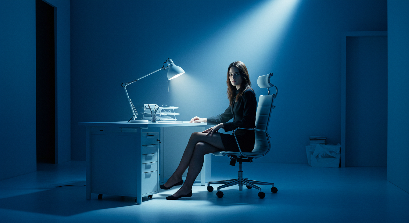 Woman at minimalist desk under single spotlight in blue-toned office, dramatic cinematic mood.