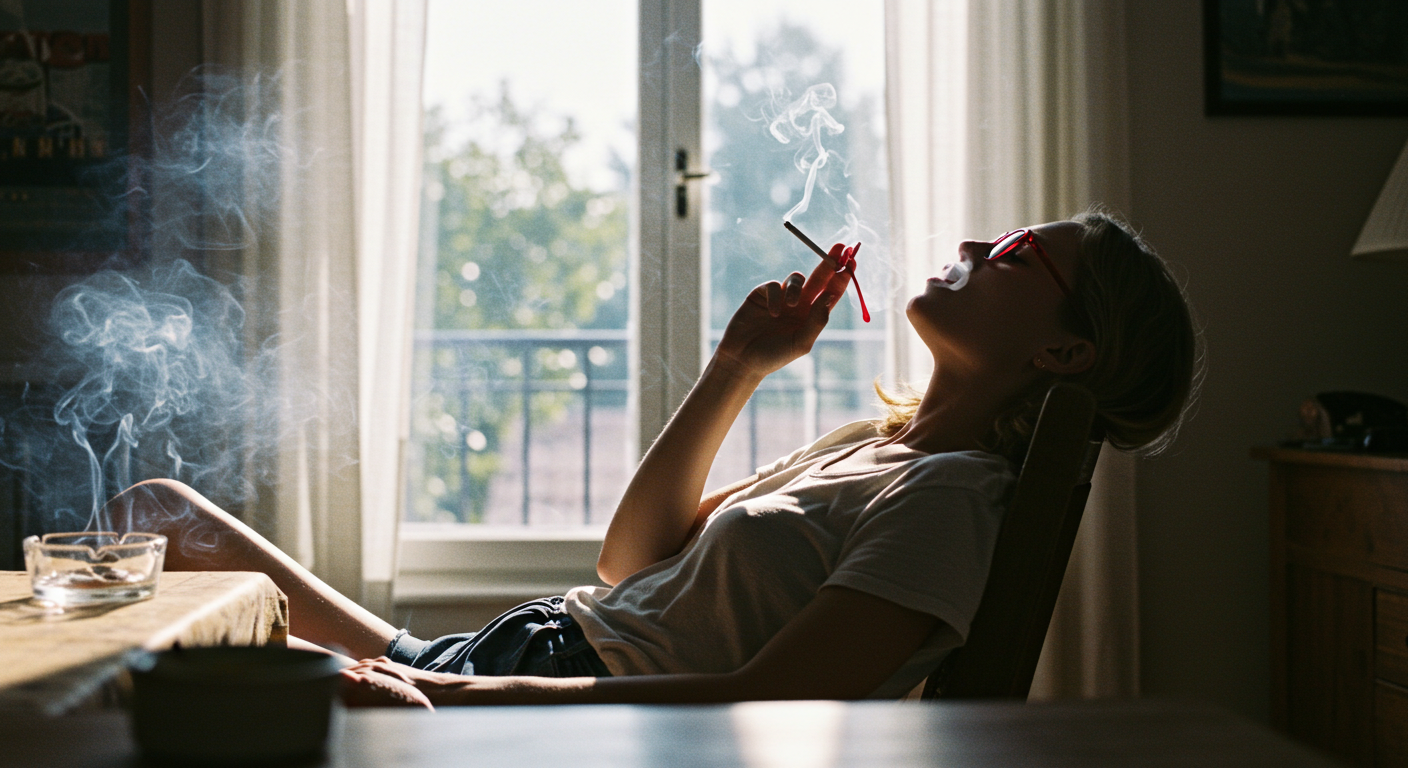 Woman in casual outfit smokes by window, red glasses reflecting daylight, room hazy with smoke.