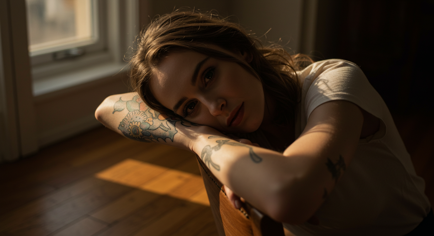 Woman with tattooed arm rests on chair in warm sunlight near a window, soft shadows on wooden floor.