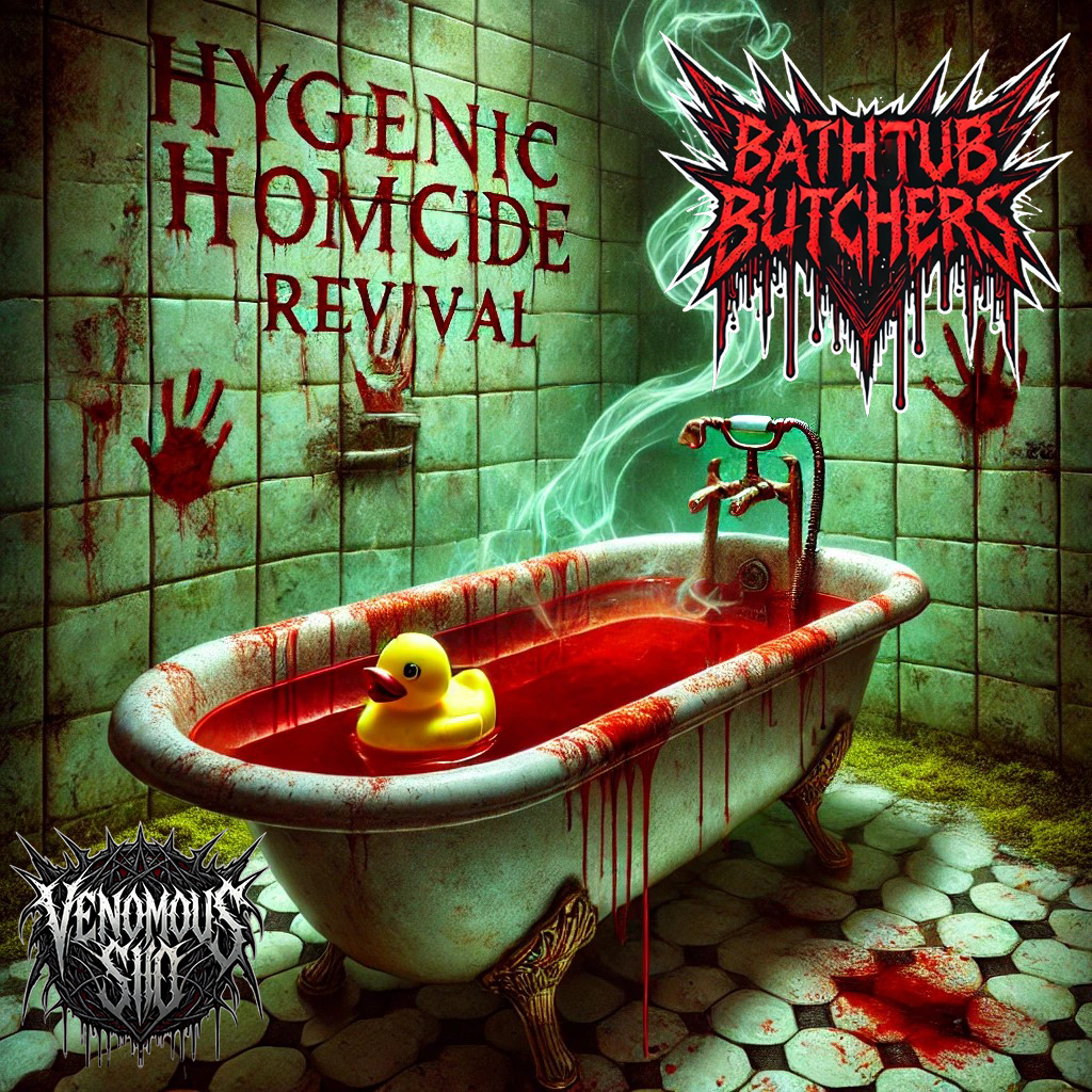 Full album artwork for Hygienic Homicide Revival showcasing a blood-filled bathtub with a rubber duck, blood-smeared tiles, and logos of Venomous Sin and Bathtub Butchers.