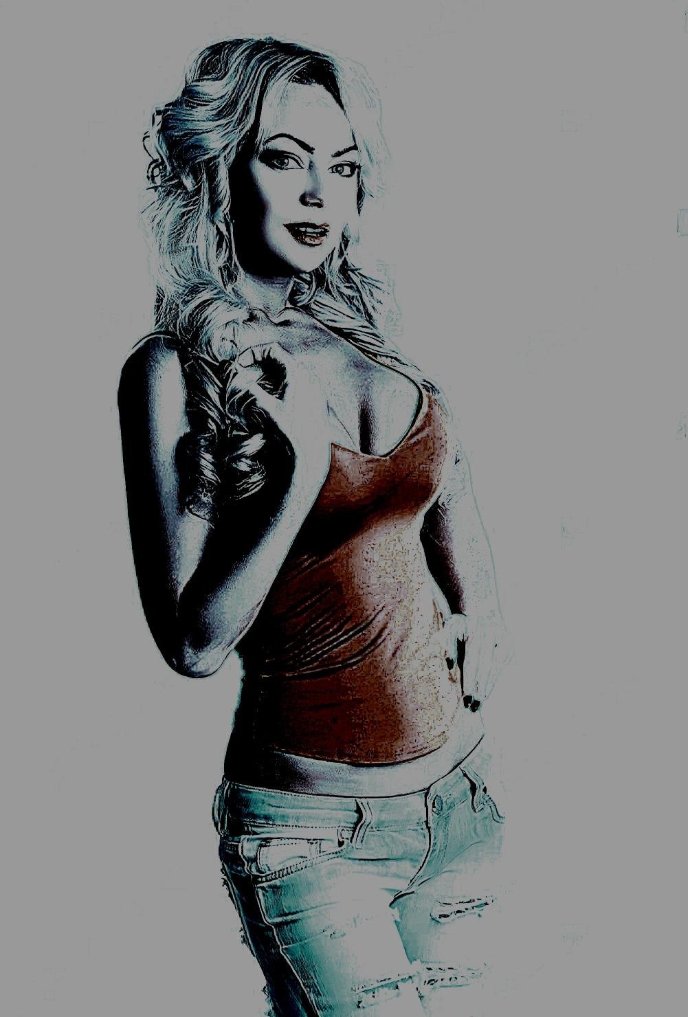 Stylized image of a woman in a fitted tank top with confident body language, exuding retro-glam allure.