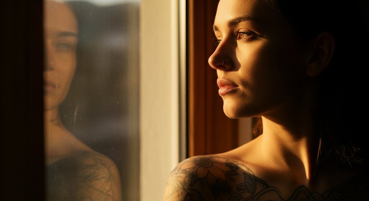 Tattooed woman gazes out window with golden light on her face, reflection faintly visible in glass. 