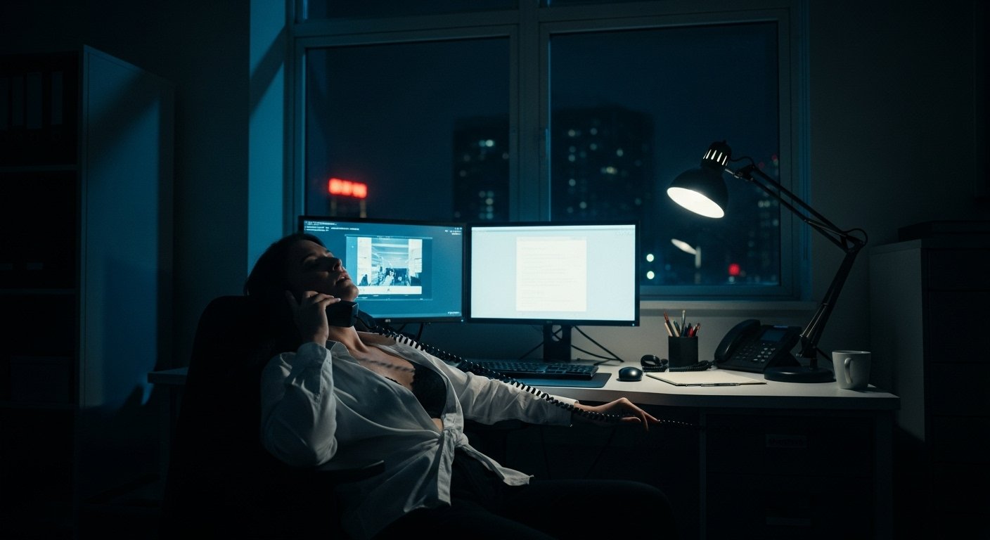 Businesswoman reclines at desk in dark office, open shirt and glowing monitors behind her.