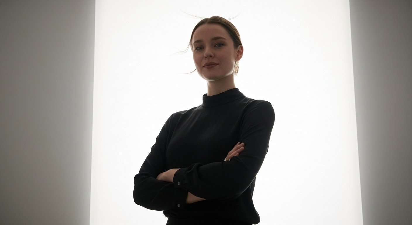 Confident woman in black top crosses arms, backlit by stark white light from doorway.
