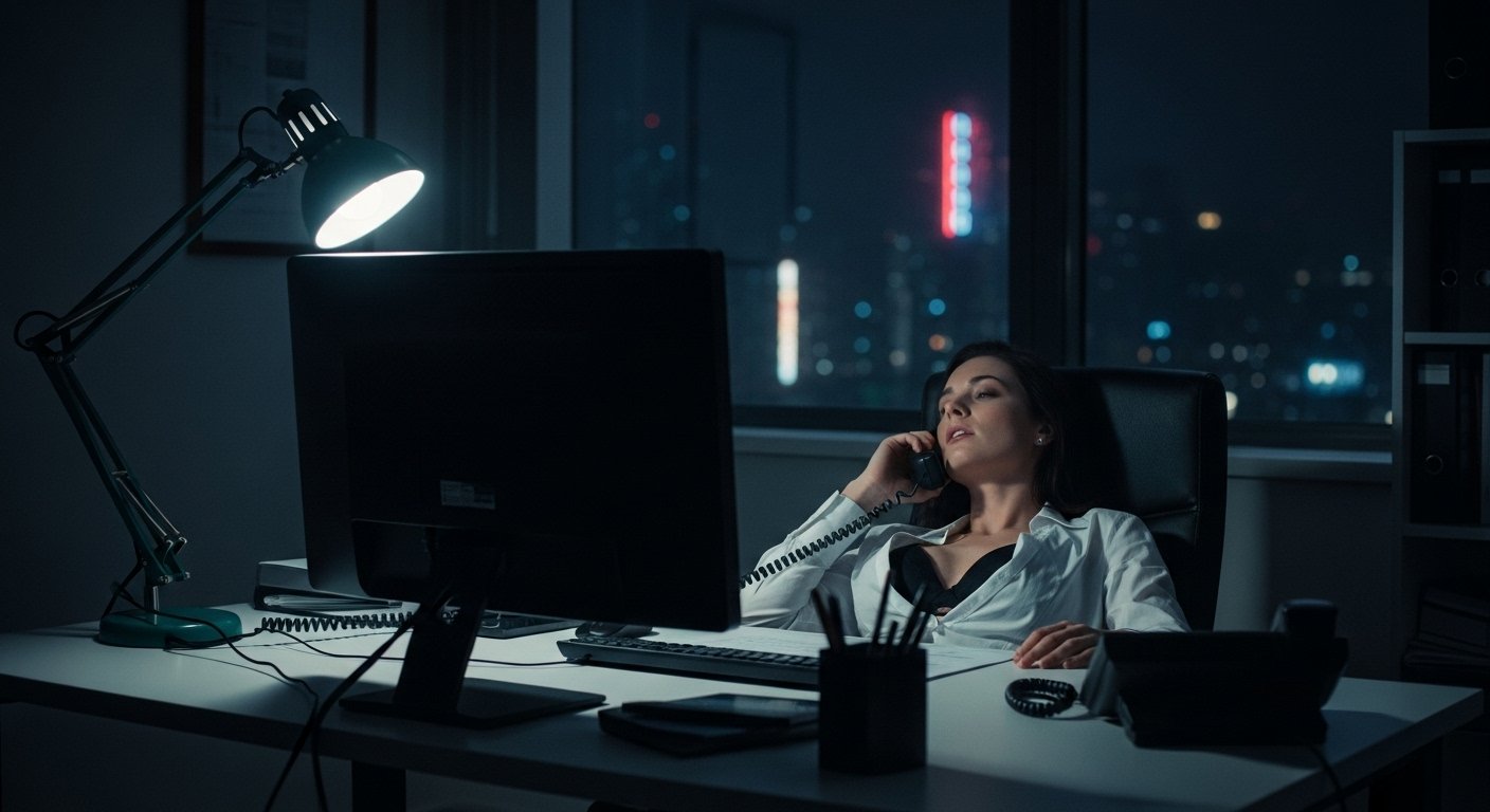 Woman in office chair speaks on phone at night, city lights glowing outside window.