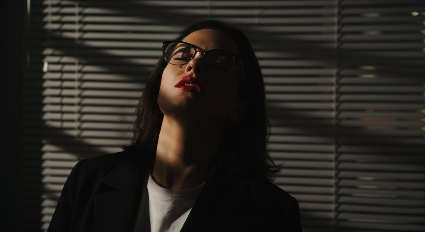 Woman in glasses tilts head back in dim office, blinds casting striped shadows across her face.