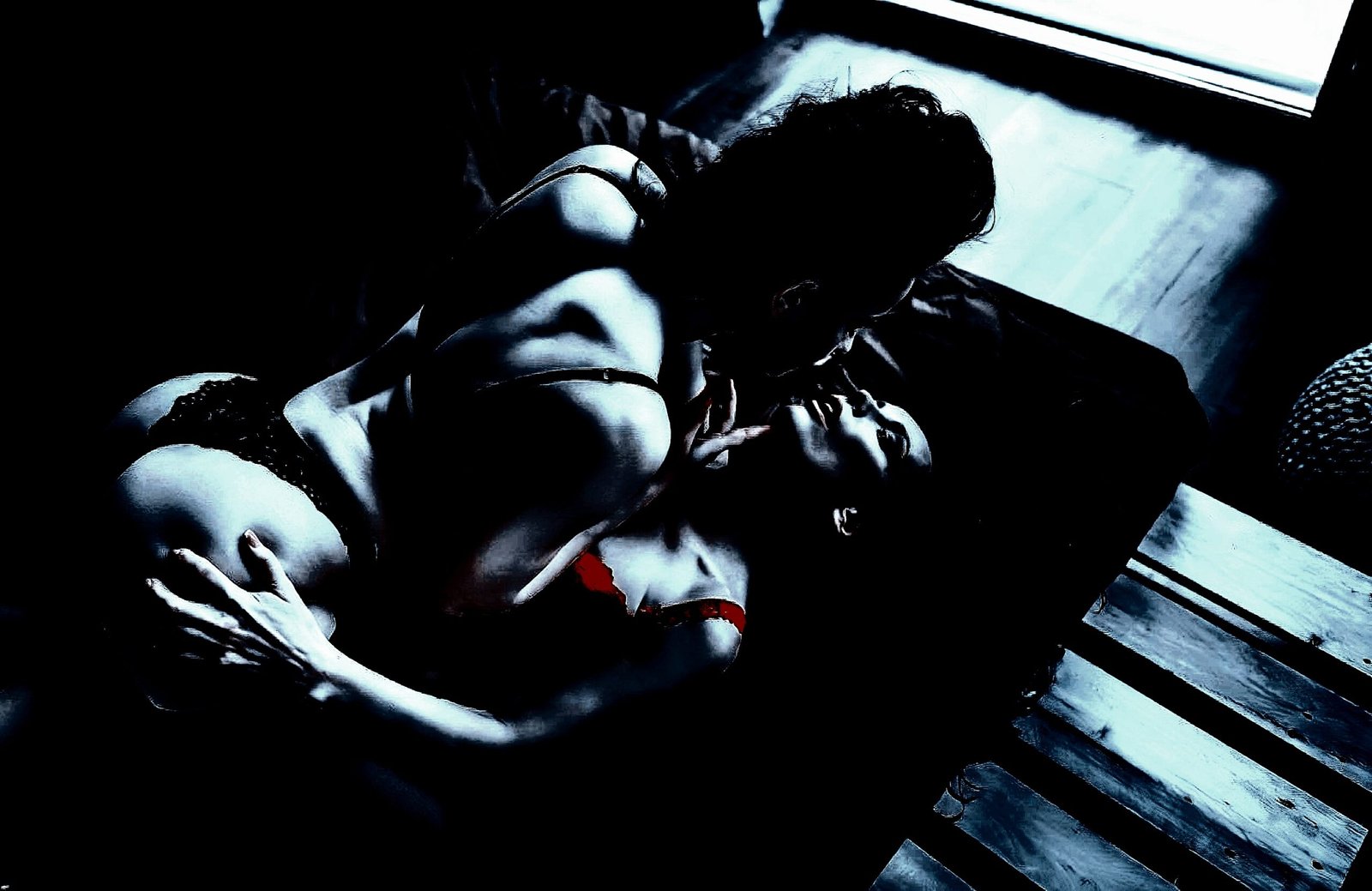 A woman kissing another’s neck in a pale, high-contrast gothic-themed image with flowing black hair.