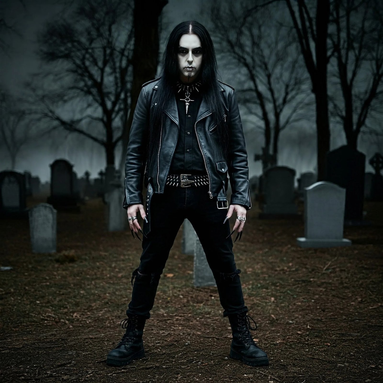 A gothic man standing in a graveyard at dusk, dressed in black leather and spikes, surrounded by gravestones and fog, capturing a brooding and haunting atmosphere.
