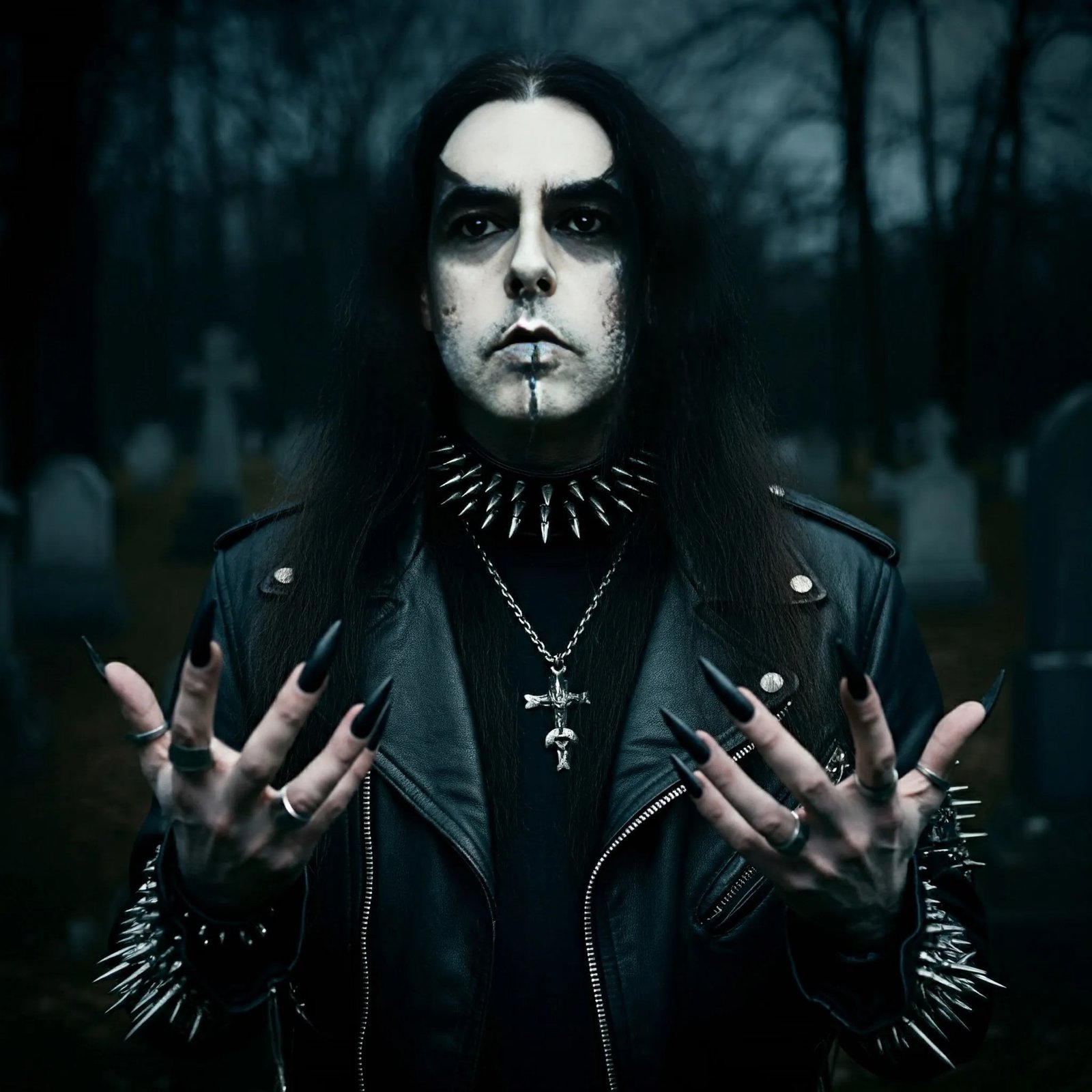A gothic man in a leather jacket and spiked accessories, standing in a graveyard with painted face makeup and a piercing gaze, evoking a sinister presence.