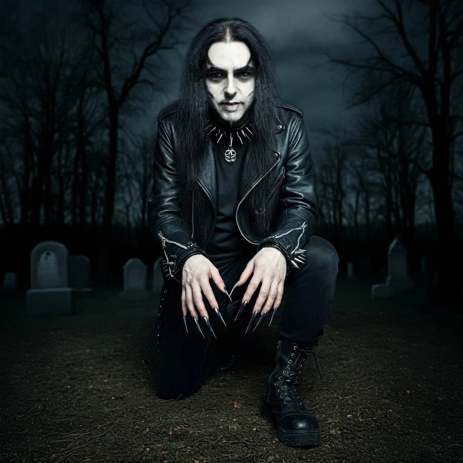 A gothic man crouching in a graveyard, his leather jacket adorned with spikes and his long black nails accentuating his dark, macabre look.