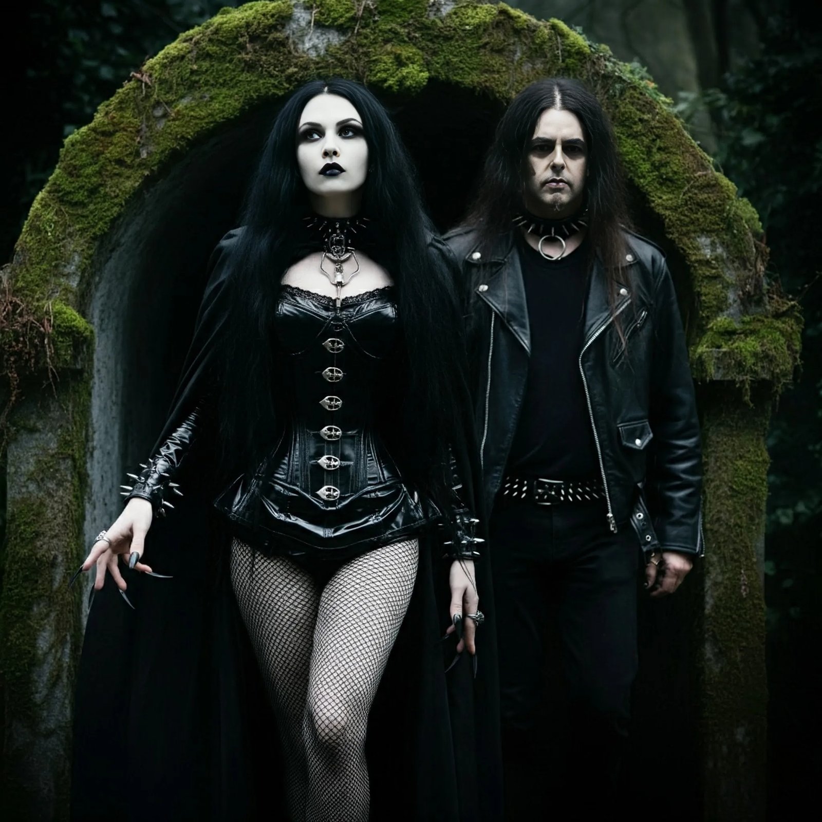 A gothic couple standing in front of a moss-covered stone arch, dressed in black leather and corsets, embodying dark elegance and macabre style.