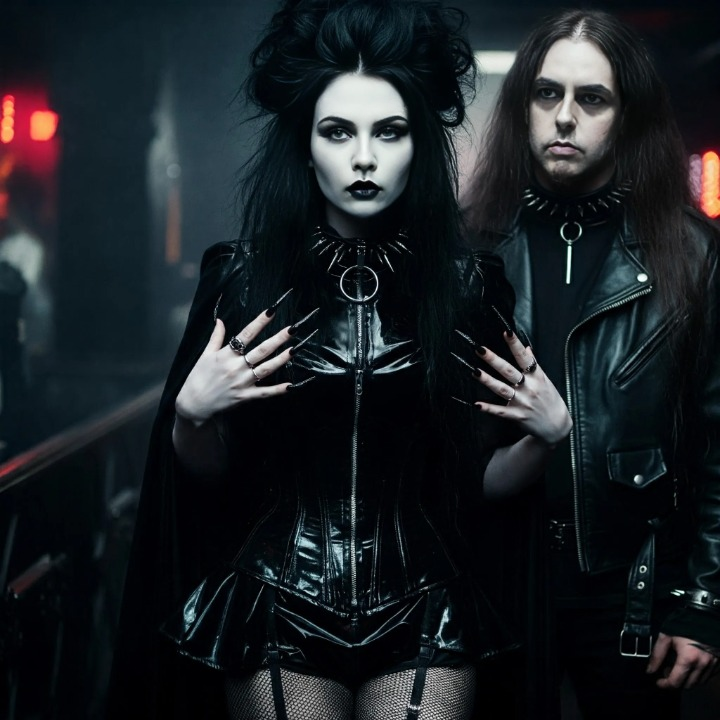 A gothic couple inside a dark room, the woman wearing a dramatic black corset dress with teased hair and sharp nails, the man in leather with a stoic expression, evoking a sense of gothic grandeur.
