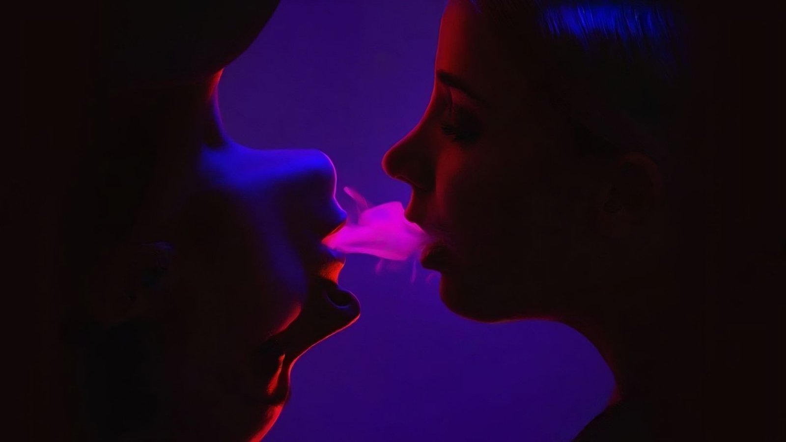 Two silhouettes facing each other in neon blue and pink lighting, with smoke passing between them.