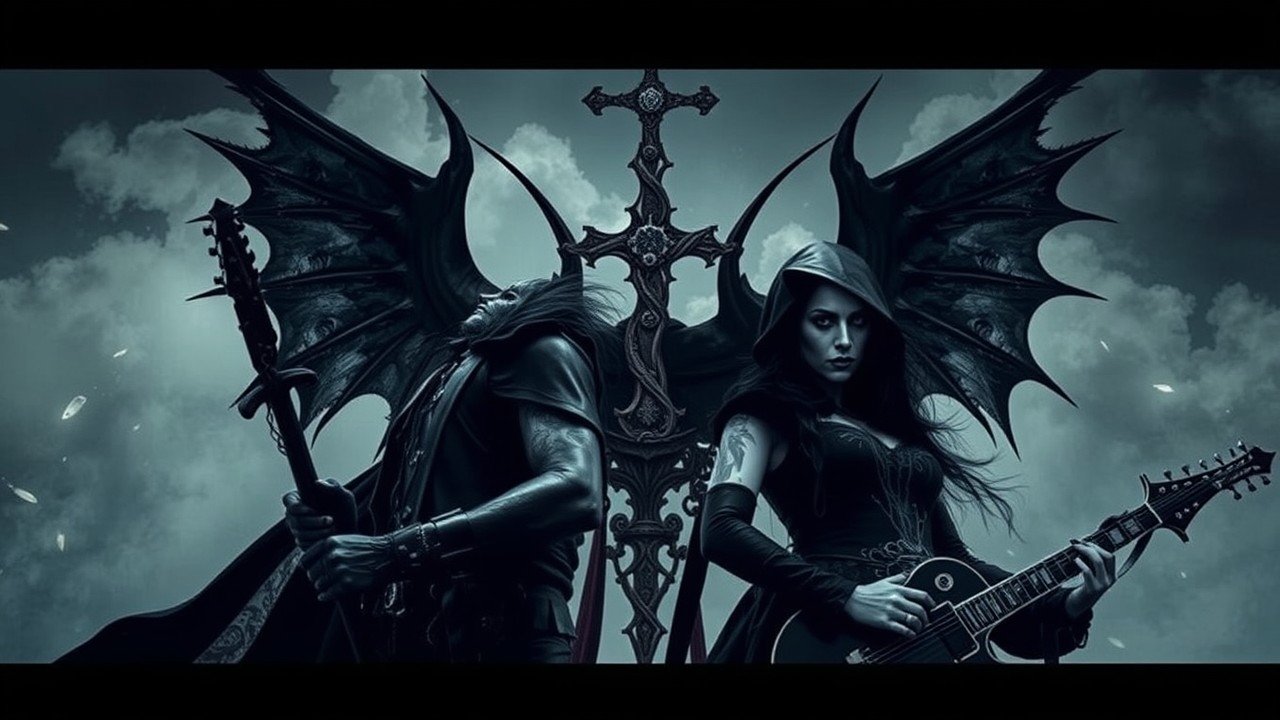 Gothic woman in a hooded robe with a crown and demonic wings, holding a guitar, representing the defiant spirit of anti-religious themes in the metal scene.