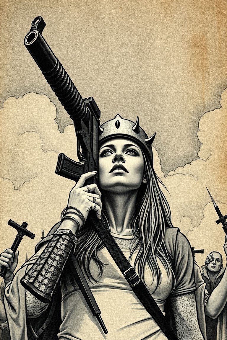A determined woman wearing a crown holds a rifle aloft, surrounded by followers with hammers, embodying a spirit of rebellion and leadership in a symbolic, stylized scene.