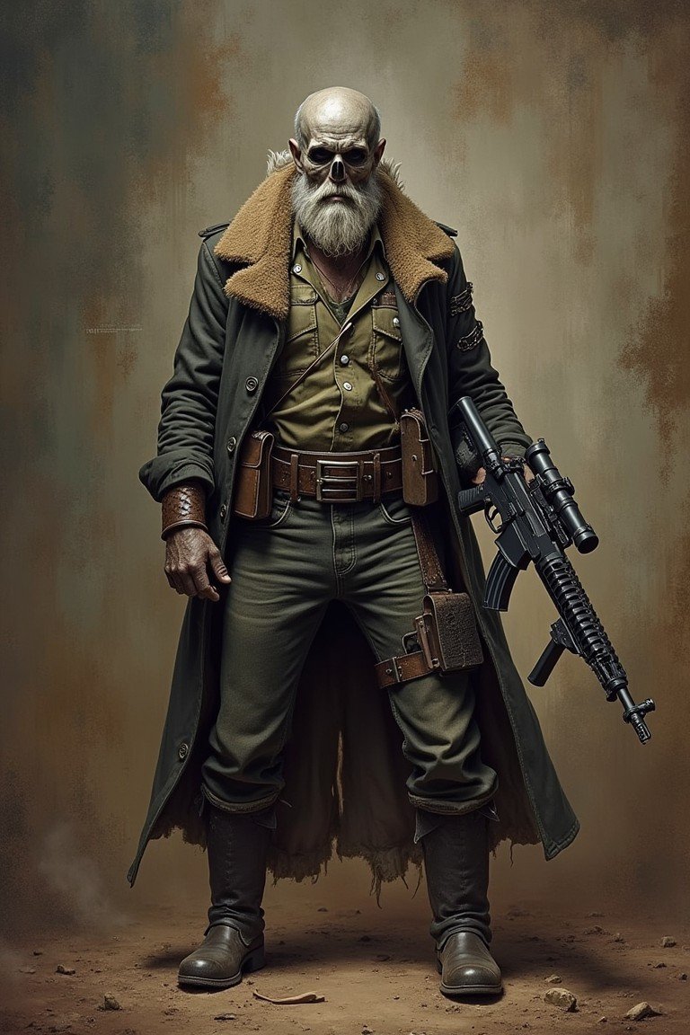 A weathered man with a skull-like appearance, clad in a heavy coat, stands holding a rifle against a gritty background, exuding a sense of post-apocalyptic resilience.