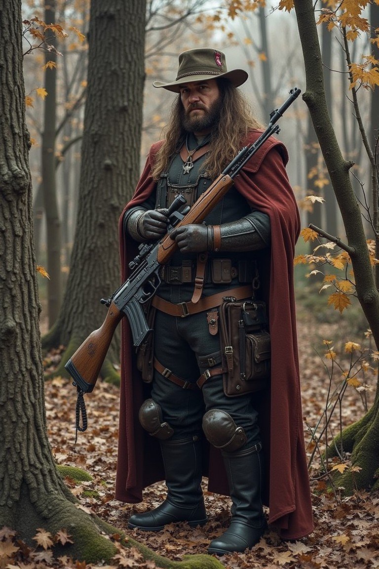 A rugged man dressed in a long red cloak and a wide-brimmed hat holds a classic rifle, standing amidst an autumn forest, portraying an old-world warrior spirit.