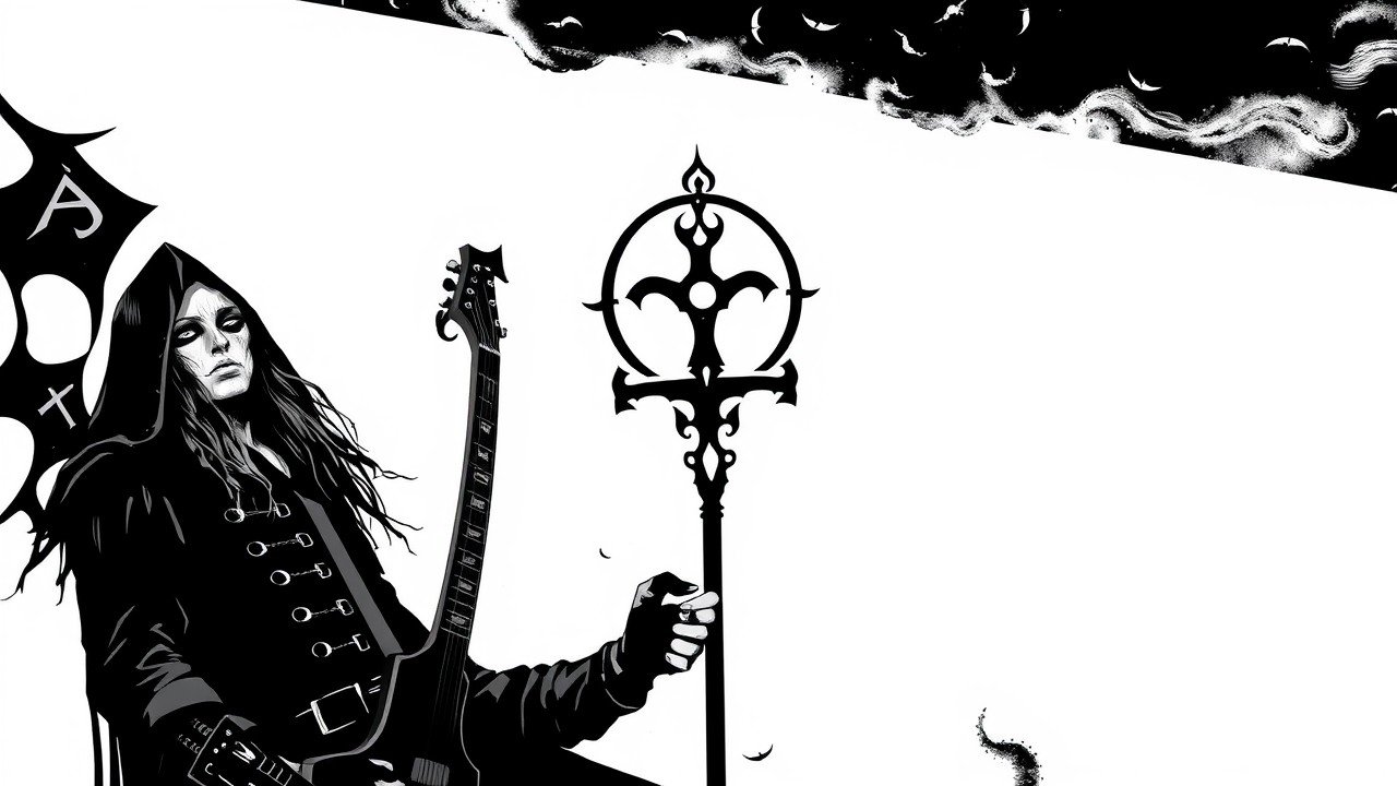 Two gothic metal musicians, one holding a microphone and the other a guitar, standing against a dark, moody sky with symbols of rebellion.