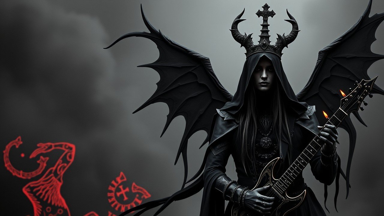 Black and white illustration of a gothic figure holding a ritual staff and a guitar, surrounded by occult symbols, reflecting the dark aesthetics of anti-religion in metal.