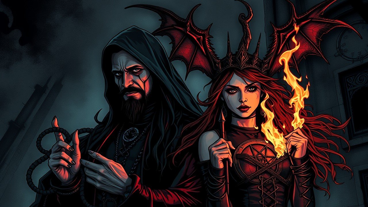 Illustration of a gothic man and woman with demonic wings, set against a dark and stormy backdrop with a burning cross, symbolizing anti-religious themes.