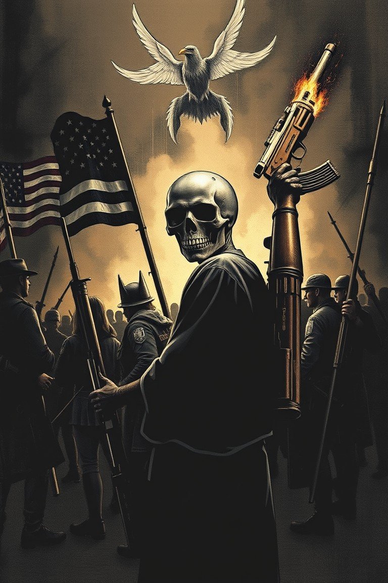 A skeletal figure stands with an American flag and a rifle, a white dove above representing a juxtaposition of peace and power in a politically charged scene.