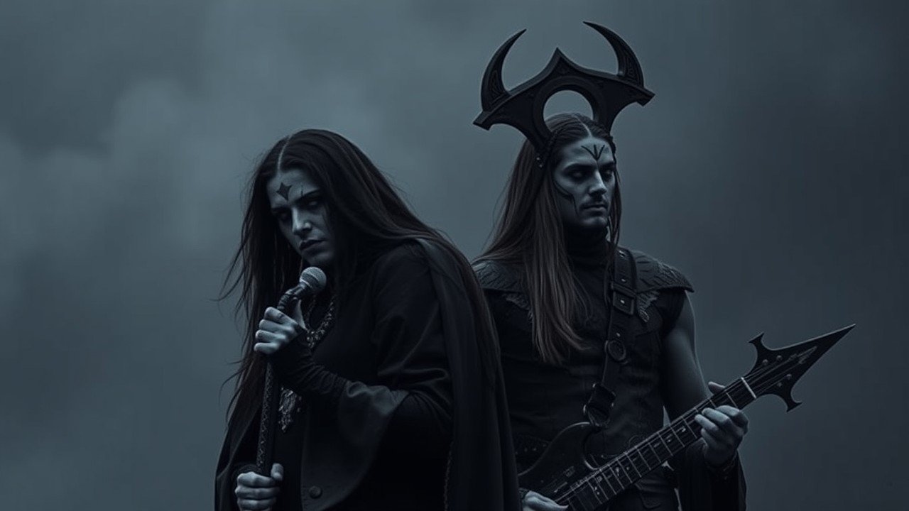 Gothic man and woman with dark attire, holding guitars, and surrounded by a cross and demonic wings, symbolizing the defiance and anti-religious themes prevalent in metal music.